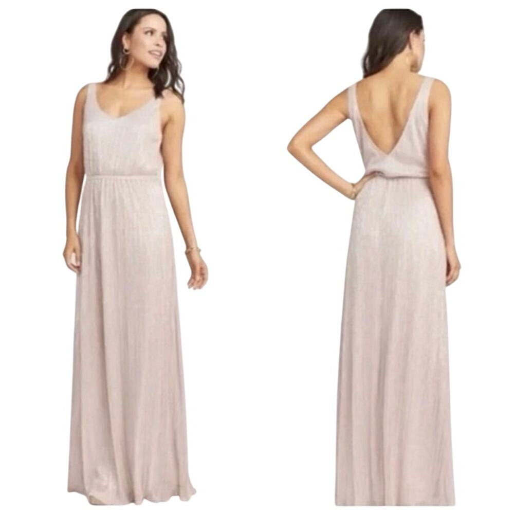 Show Me Your Mumu Rose Gold Metallic Pleated Maxi Dress XS Sleeveless Shimmer